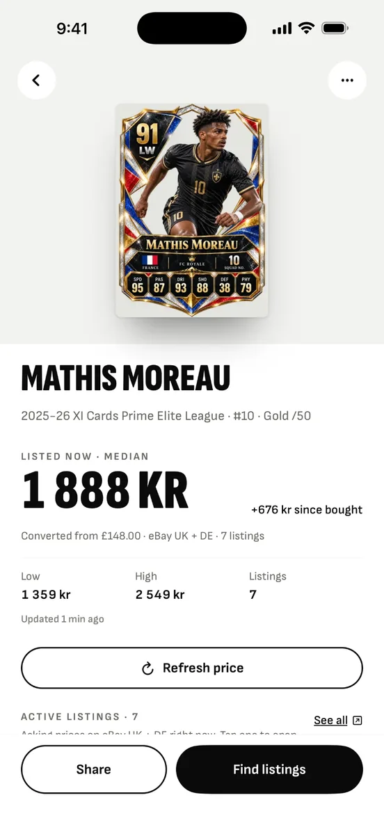 Card detail with the median price, +676 kr since bought, low, high and number of listings
