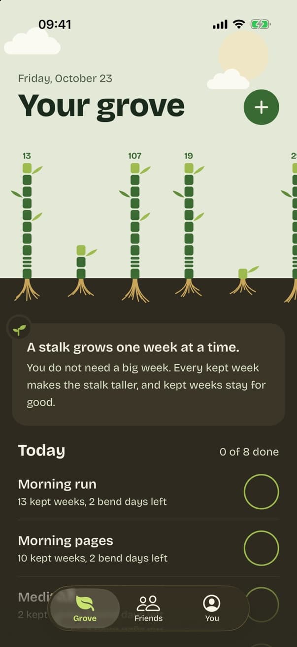 The Grove page in Culm: a sky over soil with several bamboo stalks, one for each habit, and today's list below