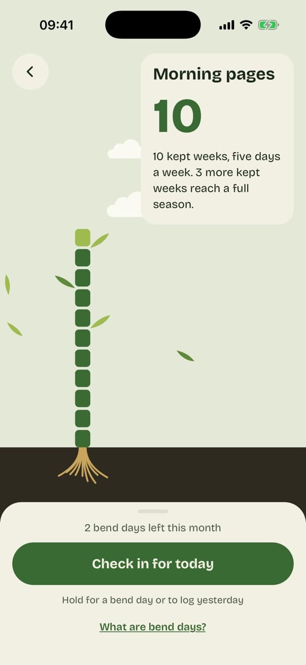 A habit page in Culm: Morning pages as a stalk climbing from the soil into the sky, with 10 kept weeks