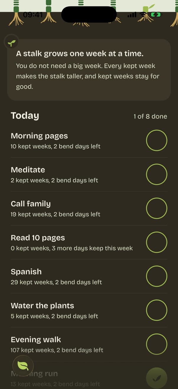 Today in Culm: habits in the order of the day, with check buttons and bend days left