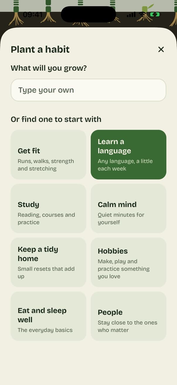 Planting a habit: categories like Get fit, Learn a language, Study, Calm mind and Hobbies