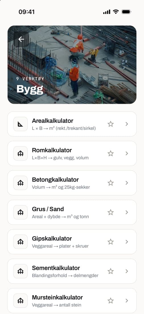 Kategorien Bygg med kalkulatorer for areal, betong, gips og mer