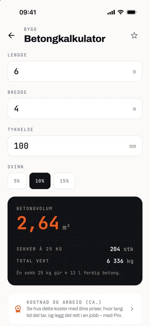 Betongkalkulatoren viser 2,64 m³ og 204 sekker à 25 kg