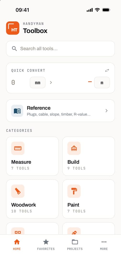 The Handyman Tools toolbox with search, quick convert and categories
