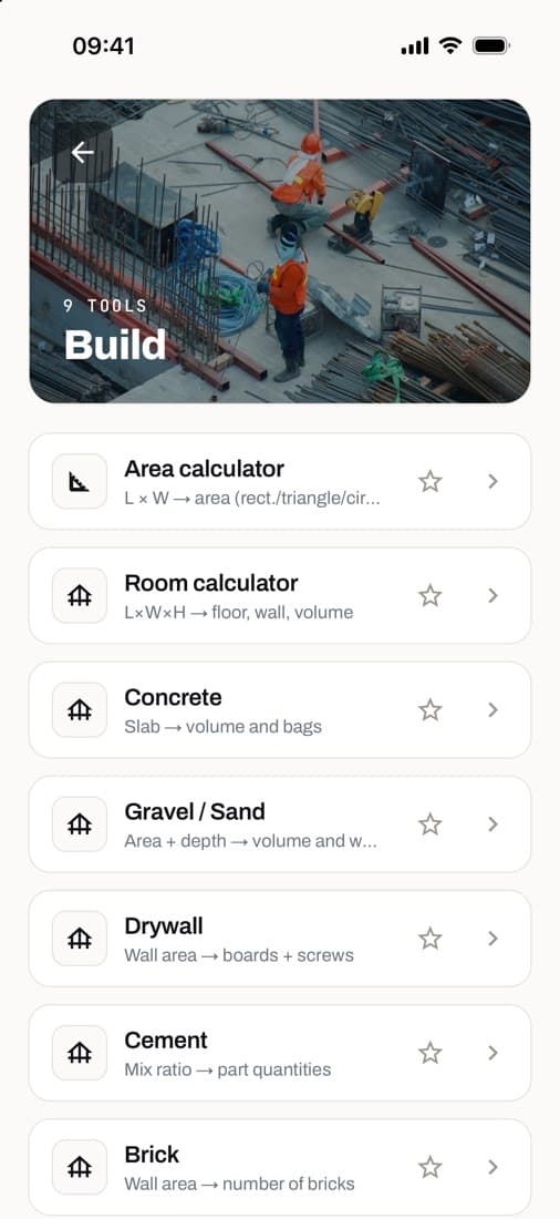 The Build category with calculators for area, concrete, drywall and more