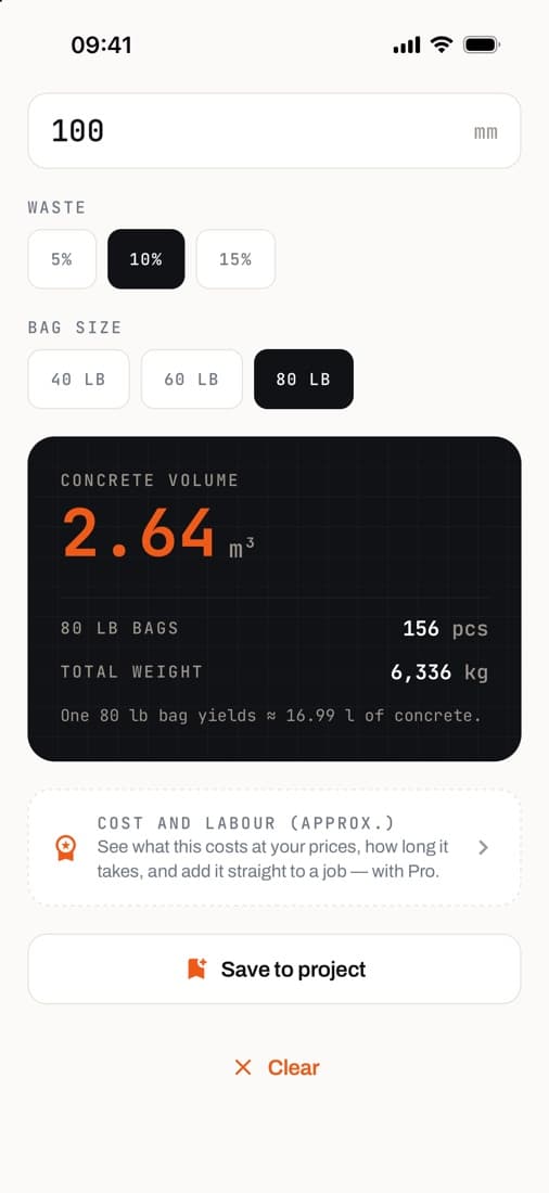 The concrete calculator showing 2.64 m³ and 156 bags of 80 lb