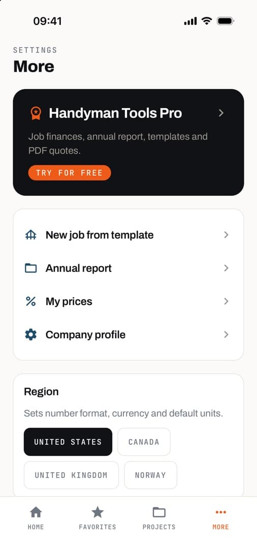 The More tab with Handyman Tools Pro, company profile and settings