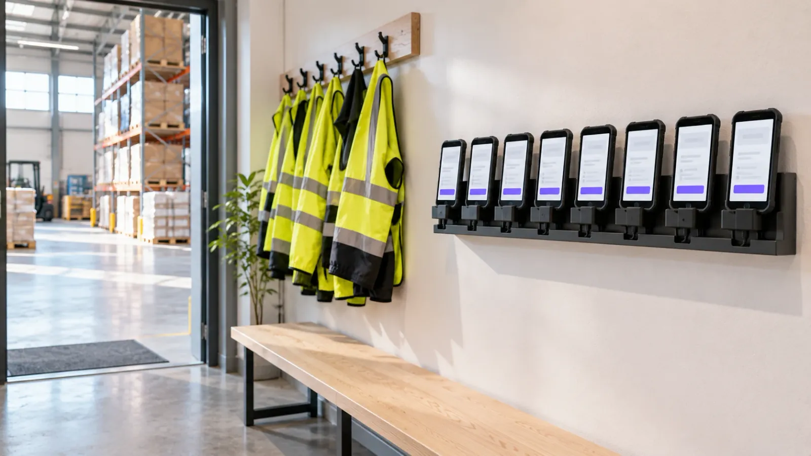 Ladestasjon med en rekke arbeidsmobiler som alle kjører samme app, klare for skiftet på et lager