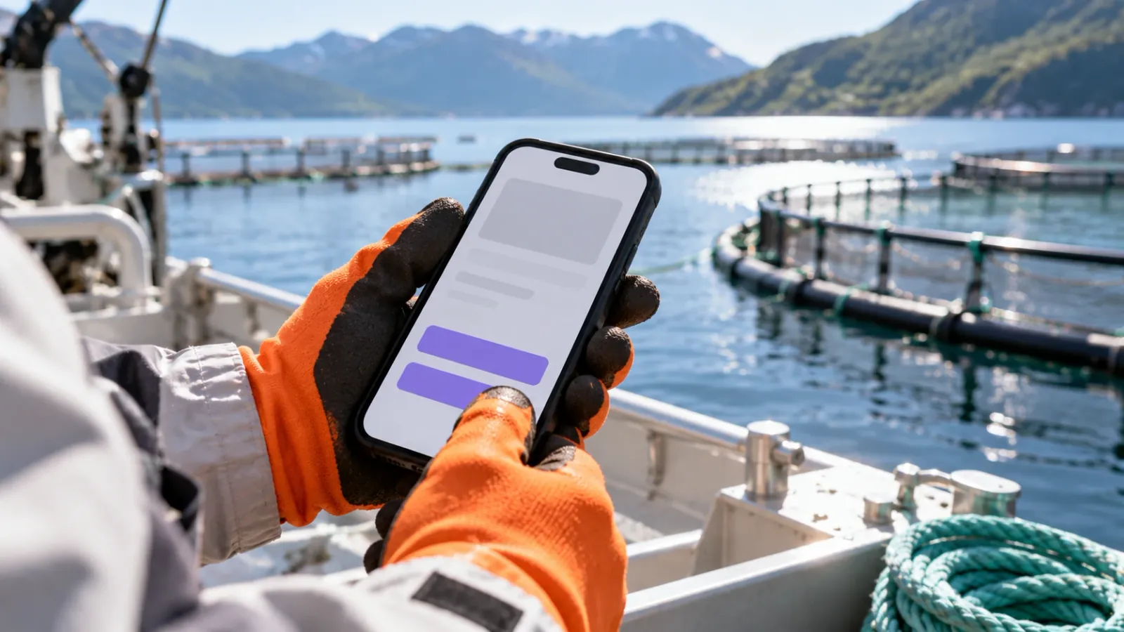 Hender i arbeidshansker holder en mobil med en skreddersydd arbeidsapp på et oppdrettsanlegg
