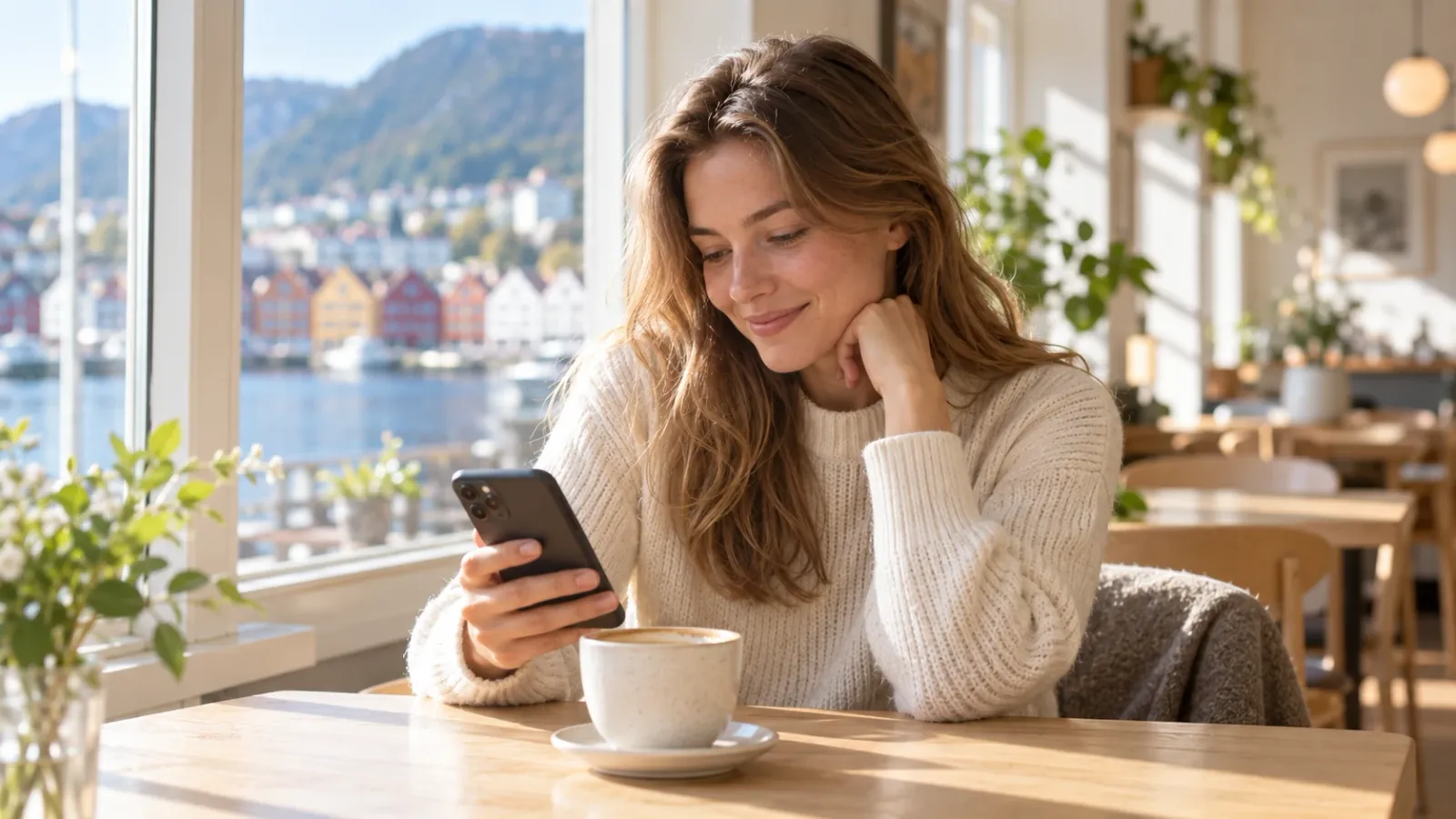 Ung kvinne smiler mens hun bruker en app på mobilen på en lys kafé