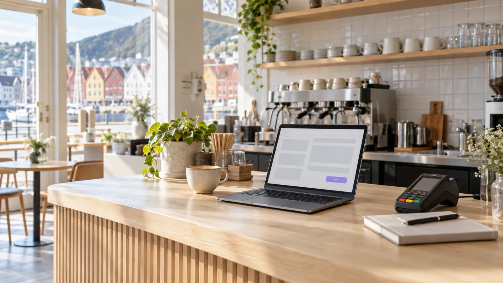 Laptop med en enkel app på disken i en liten kafé før åpning