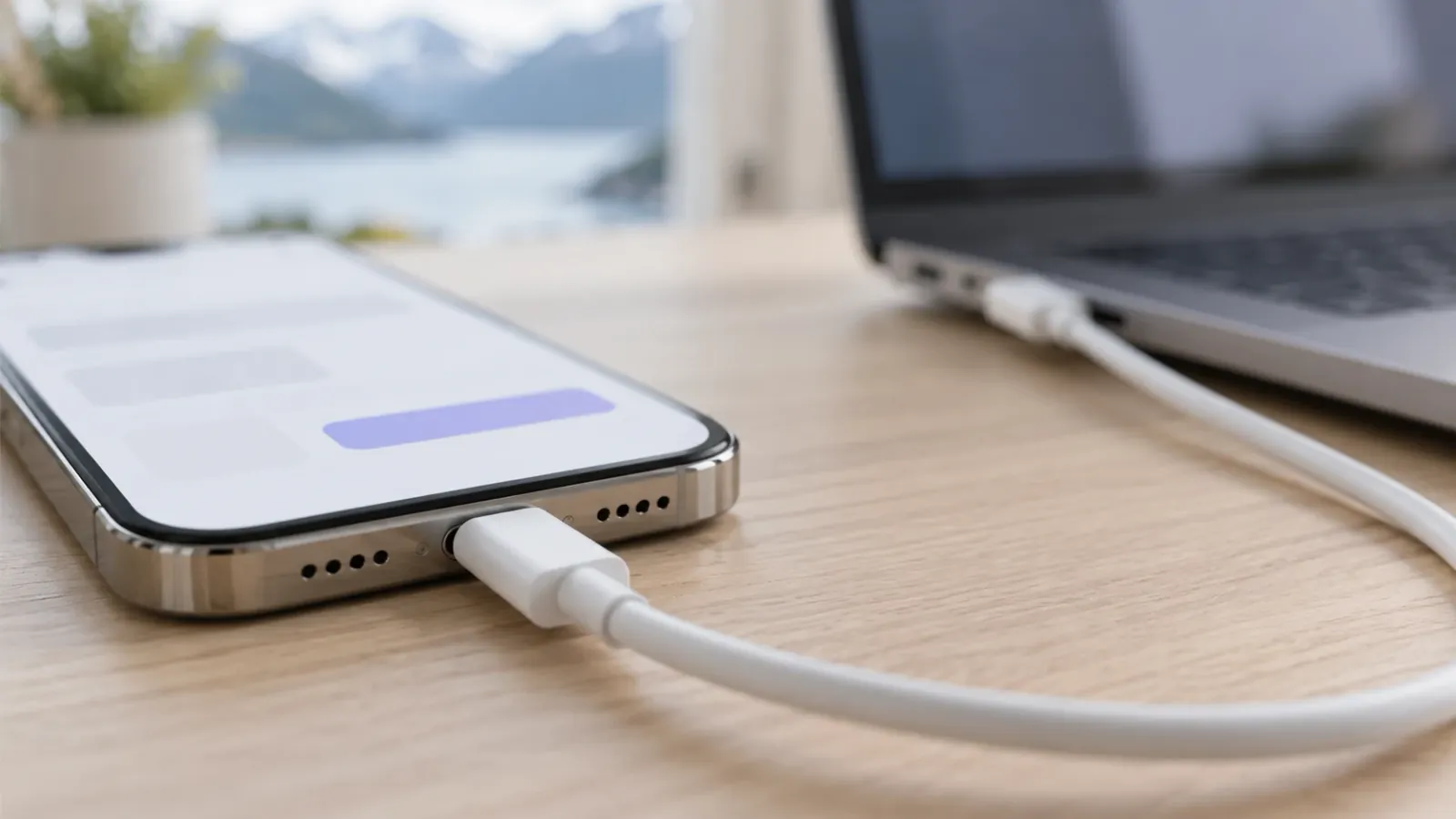 Mobil koblet til en laptop med USB-C-kabel for testing av en ny app