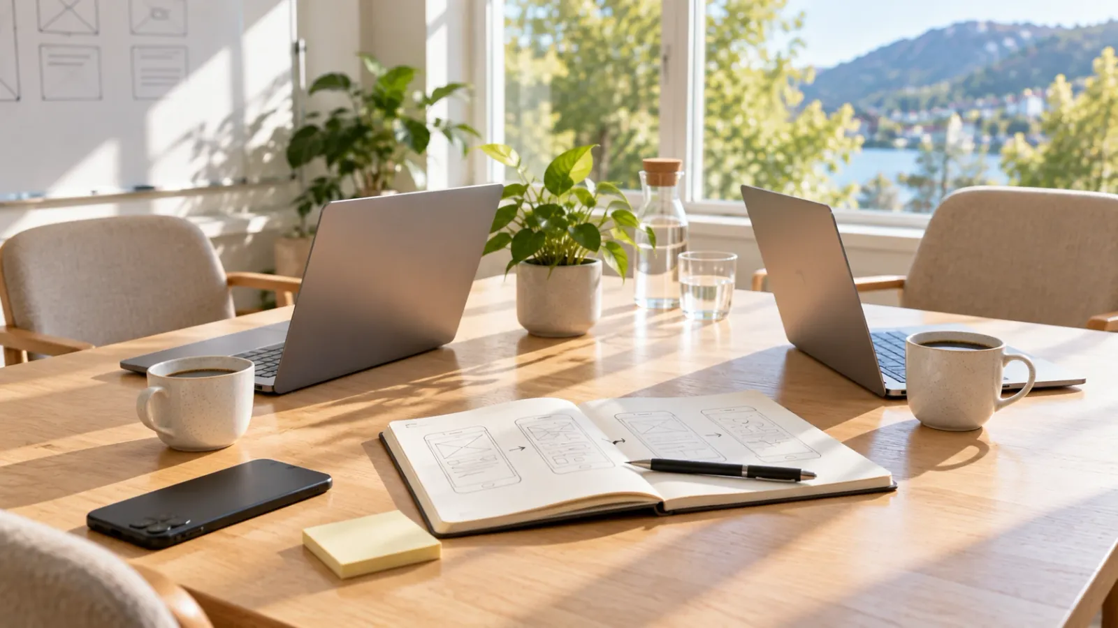To laptoper og en felles notatbok med appskisser på et møtebord