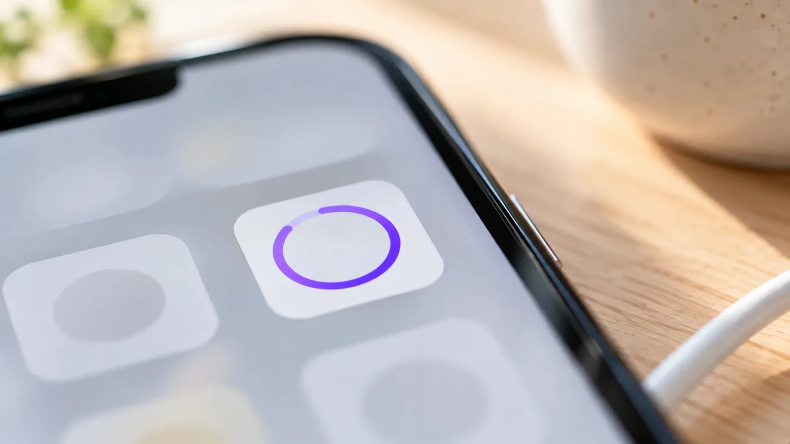 Nærbilde av et appikon på en mobilskjerm med en fiolett ring som viser at en oppdatering nesten er ferdig