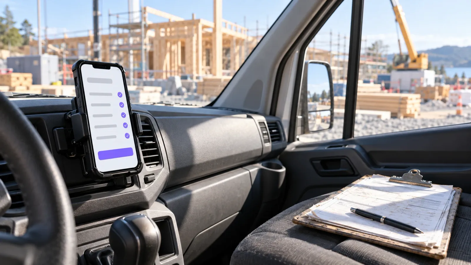 Mobil med sjekklisteapp i en varebil, med de gamle papirskjemaene lagt til side på setet