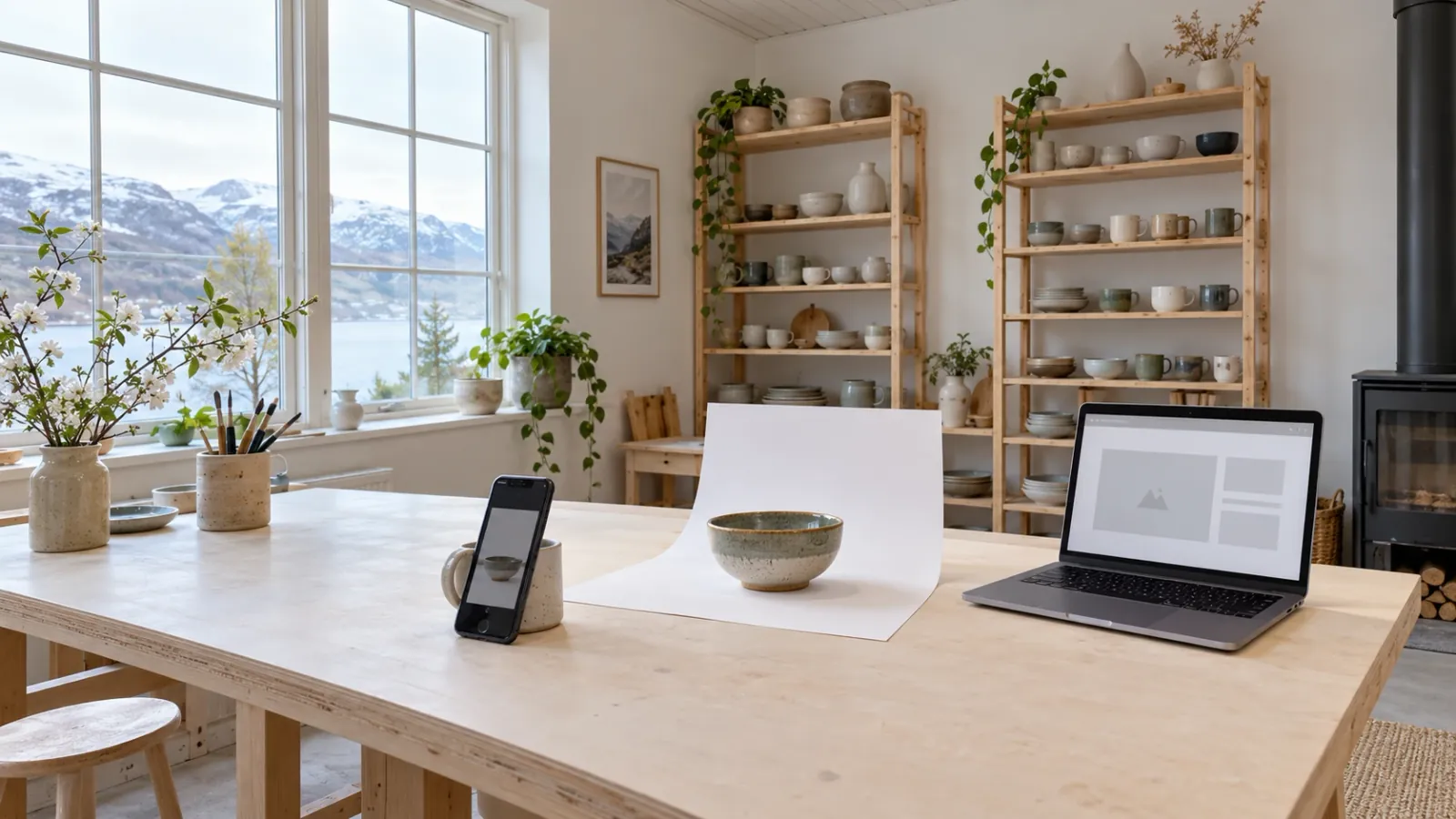 Keramikkverksted der en bolle er satt opp for fotografering til nettsiden, med mobil og laptop på arbeidsbenken