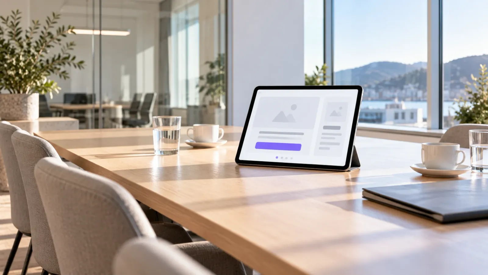 Nettbrett med en klikkbar appprototype satt fram på et møtebord, klar for en investorpresentasjon