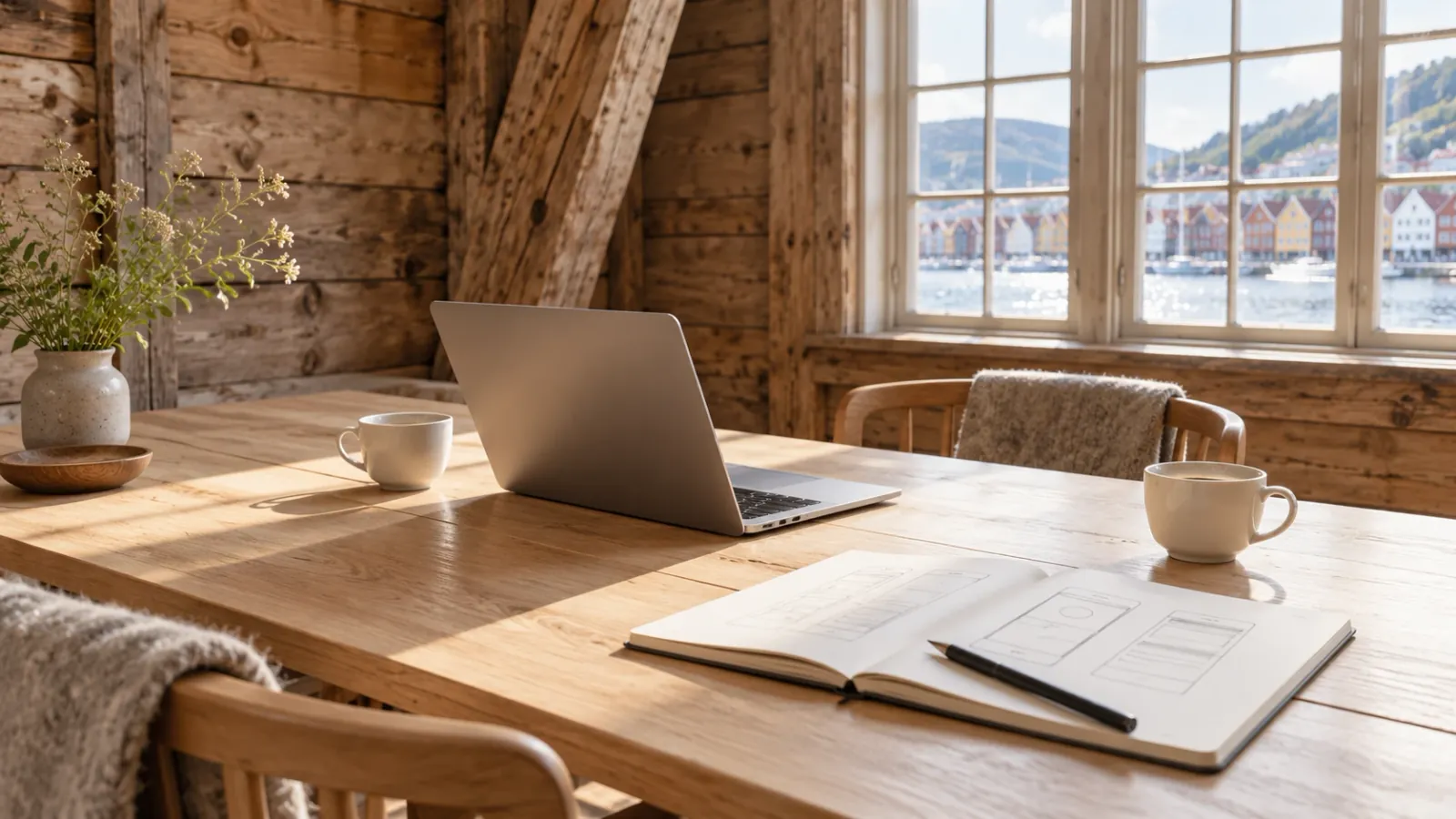 Møtebord med laptop, kaffe og appskisser i et gammelt trehus i Bergen, med Bryggen utenfor vinduet