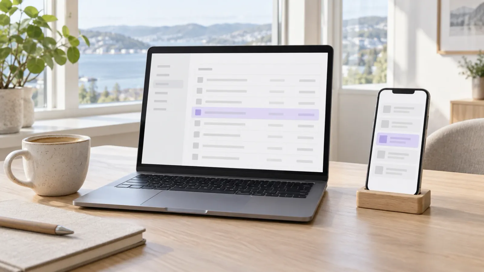 Webpanel på laptop og app på mobil som viser det samme elementet markert i fiolett