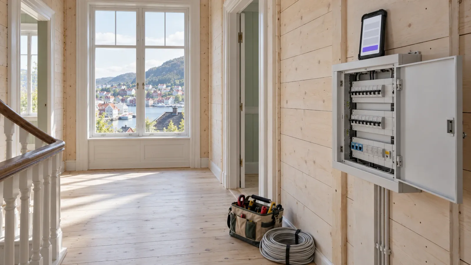 Åpent sikringsskap under oppussing av et trehus, med en mobil med arbeidsapp stående oppå
