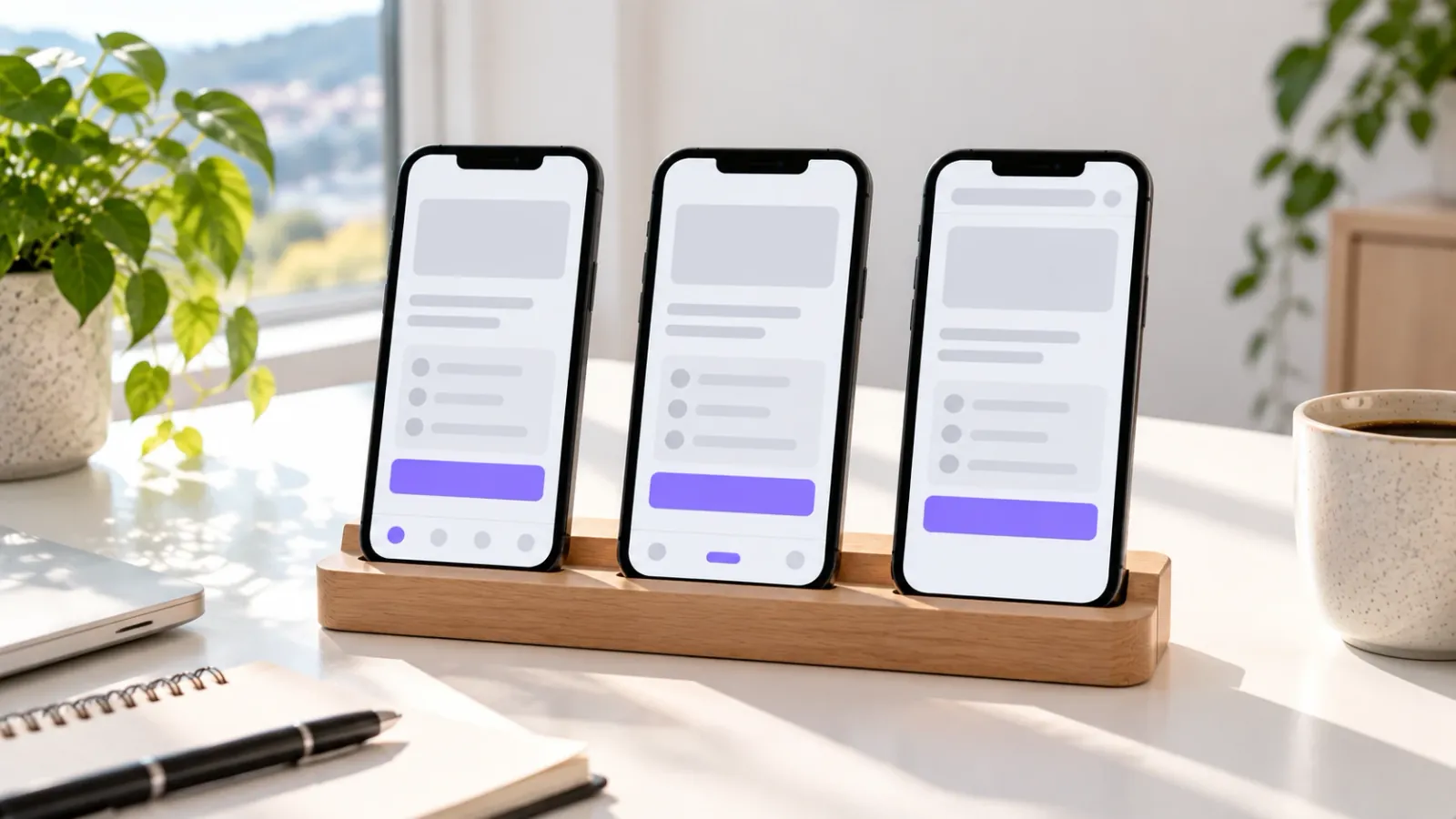 Tre mobiler som viser samme app som native app, kryssplattform-app og webapp