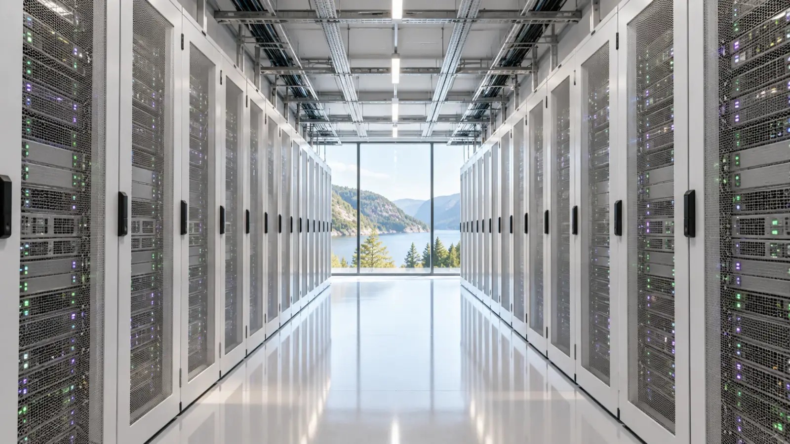 Lys og ryddig korridor i et norsk datasenter med serverrack på begge sider og utsikt mot fjorden