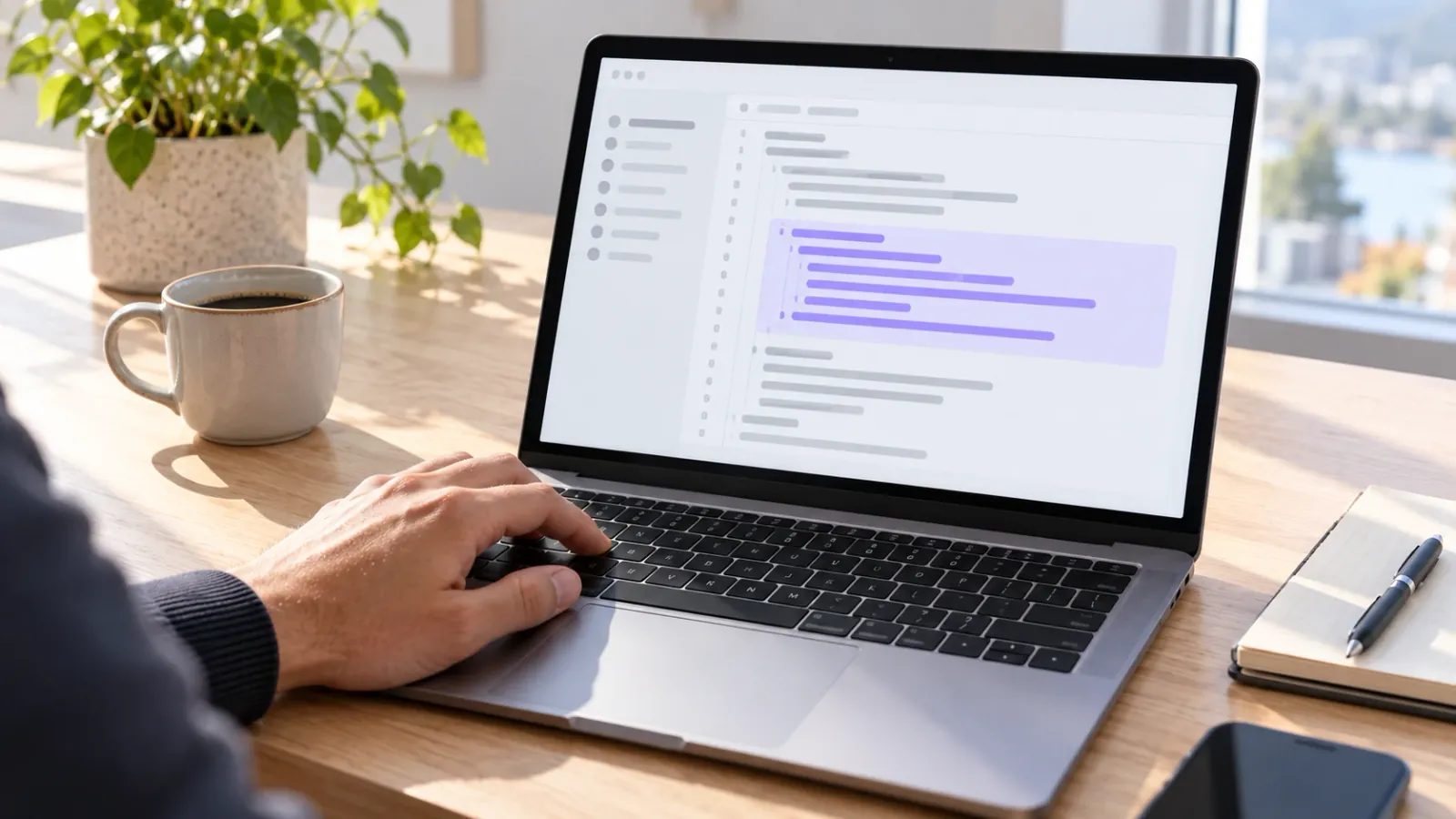 Hånd på tastaturet til en laptop der et forslag fra en KI-assistent er markert i fiolett i kodeeditoren
