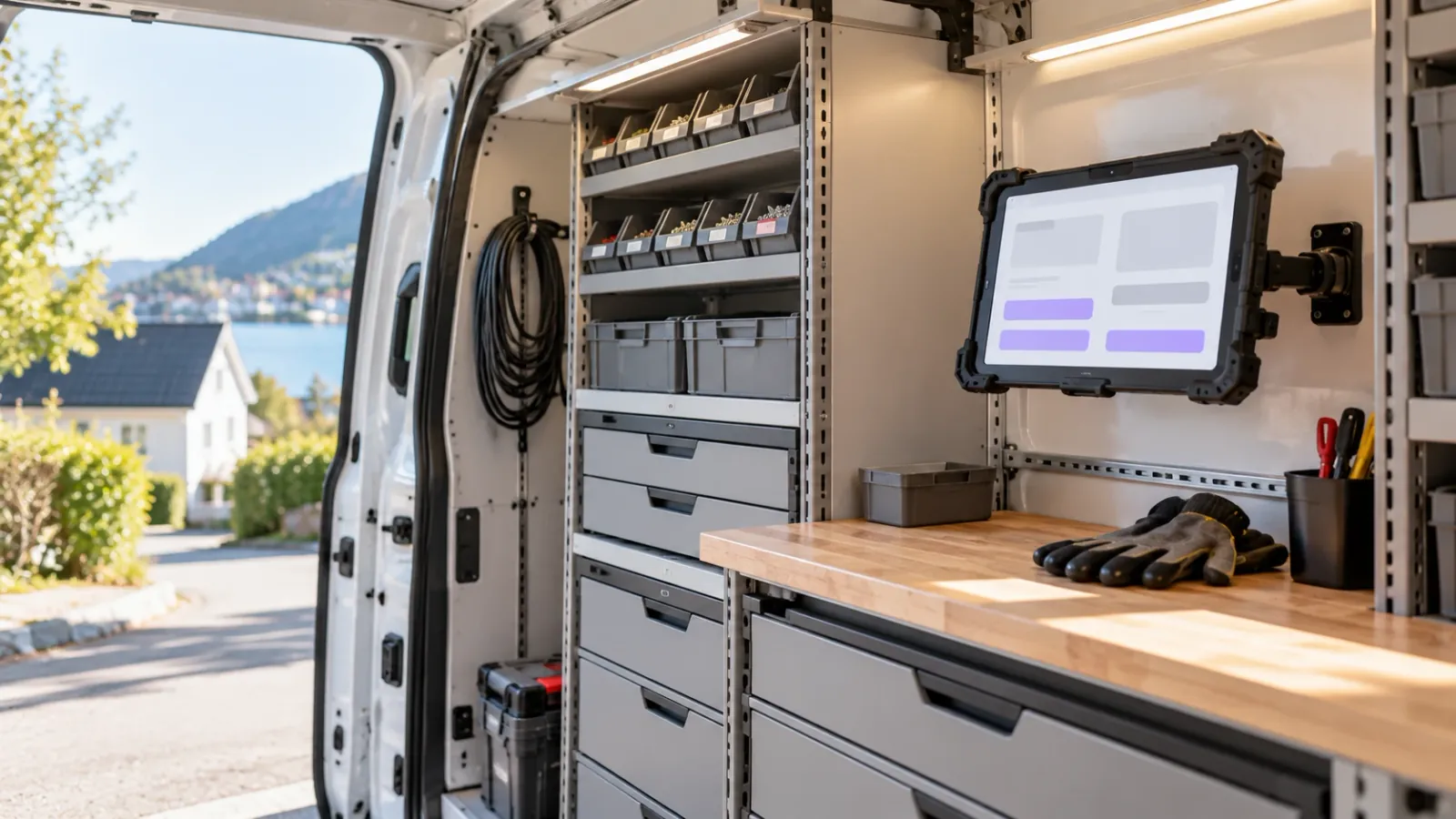 Robust nettbrett med en enkel arbeidsapp montert i en ryddig servicebil