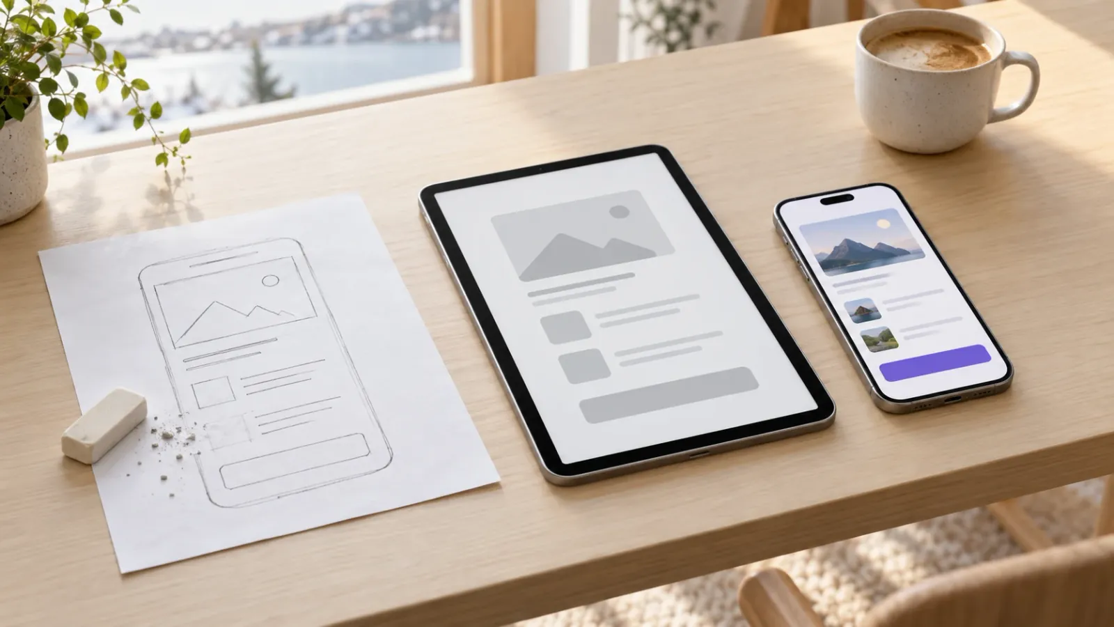 Samme appskjerm som blyantskisse, klikkbar prototype og ferdig app, lagt ved siden av hverandre